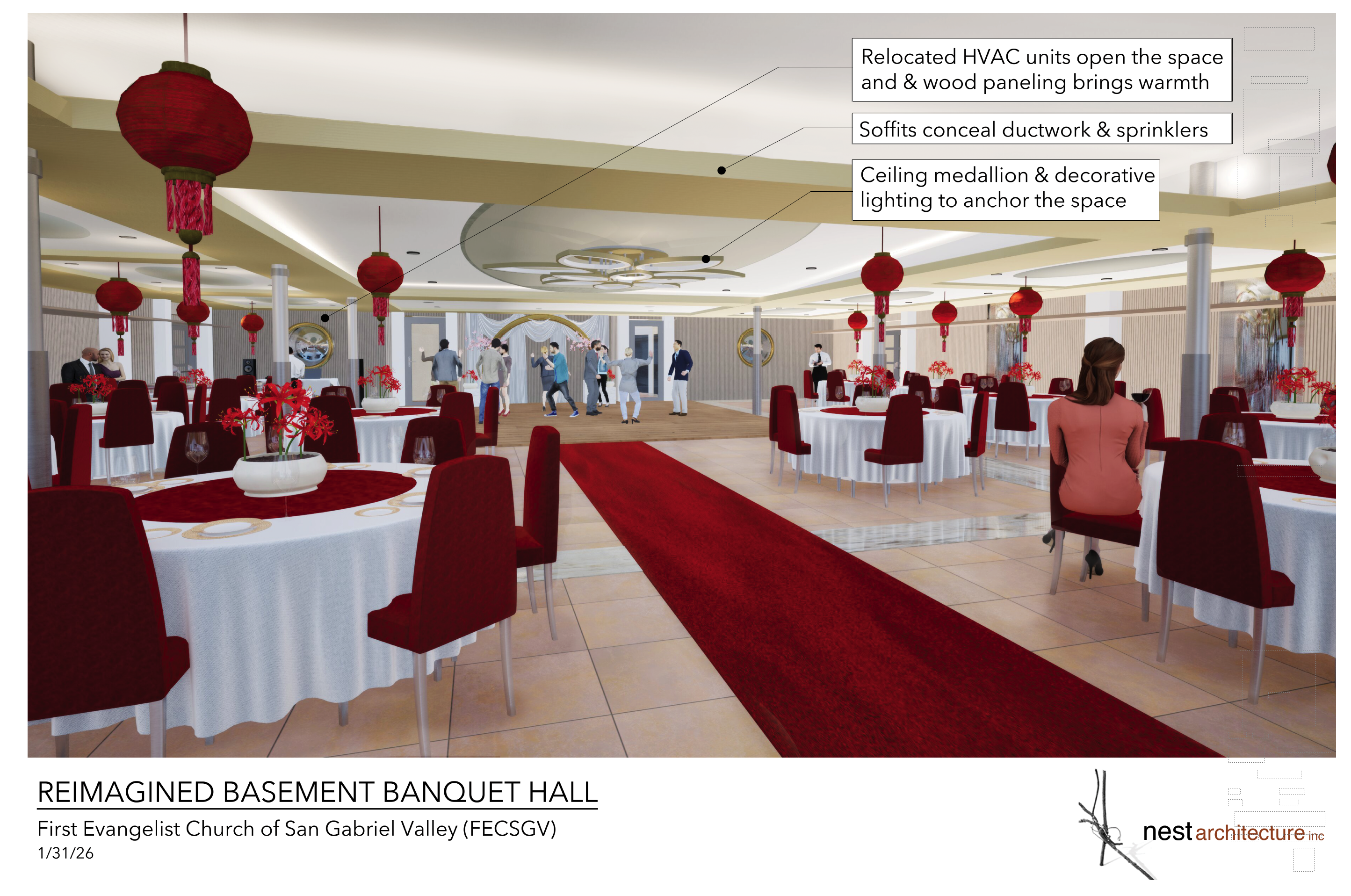 Basement banquet hall renovation rendering
