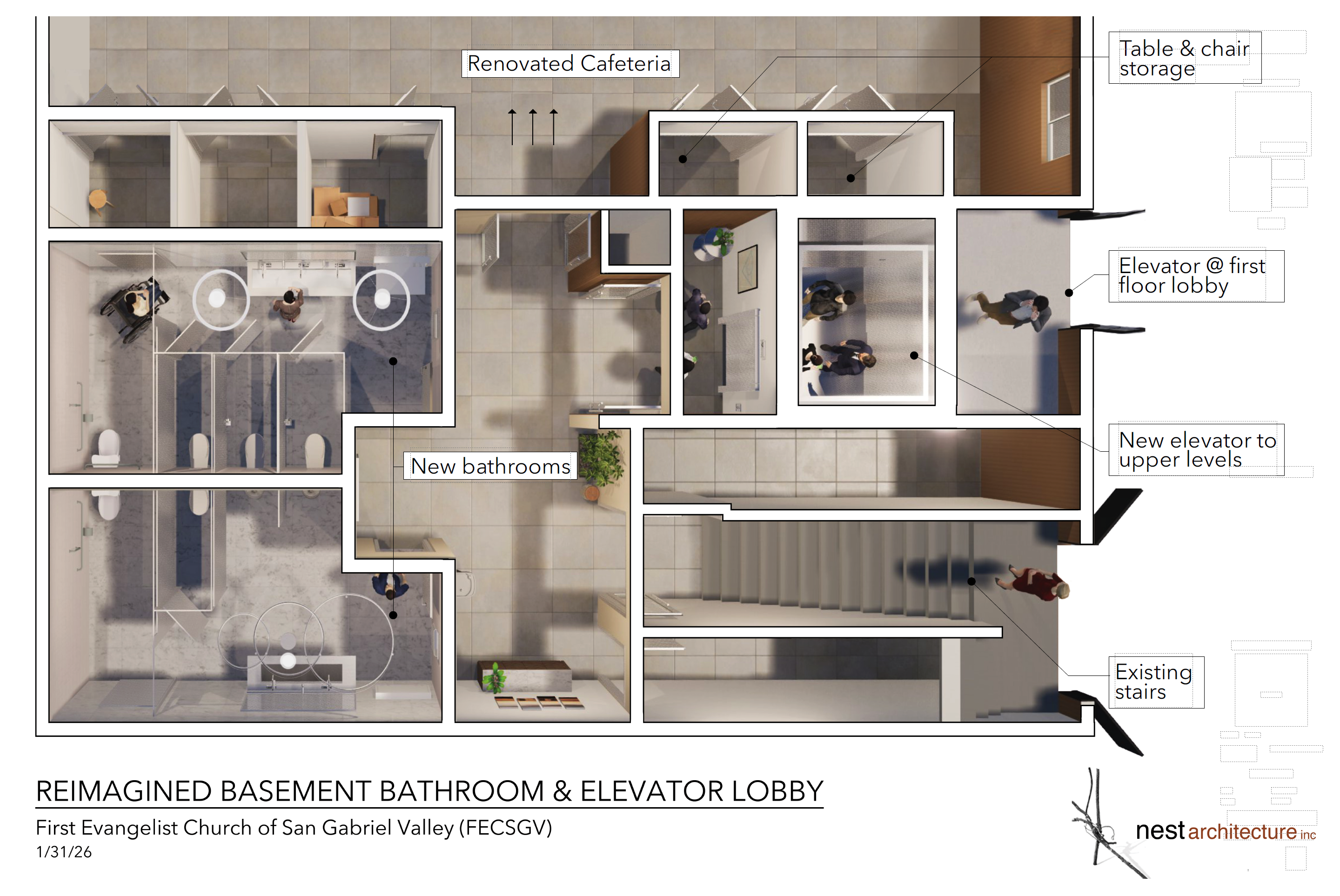 Basement restroom lobby renovation rendering